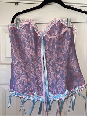 Pink Lavender Brocade Corset Top with Ribbon Accents